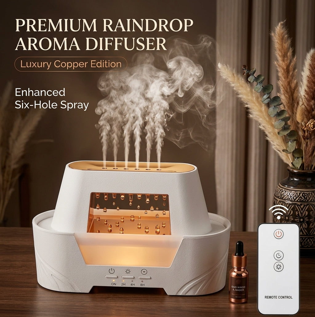 Raindrop Aroma Diffuser & Air Humidifier with Warm Flame LED Light & Remote Control