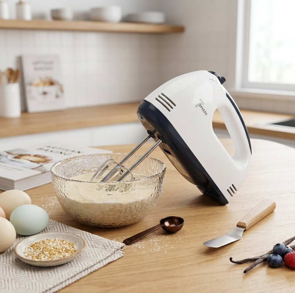 7-Speed Electric Hand Mixer with Stainless Steel Beaters & Dough Hooks (150W–200W)