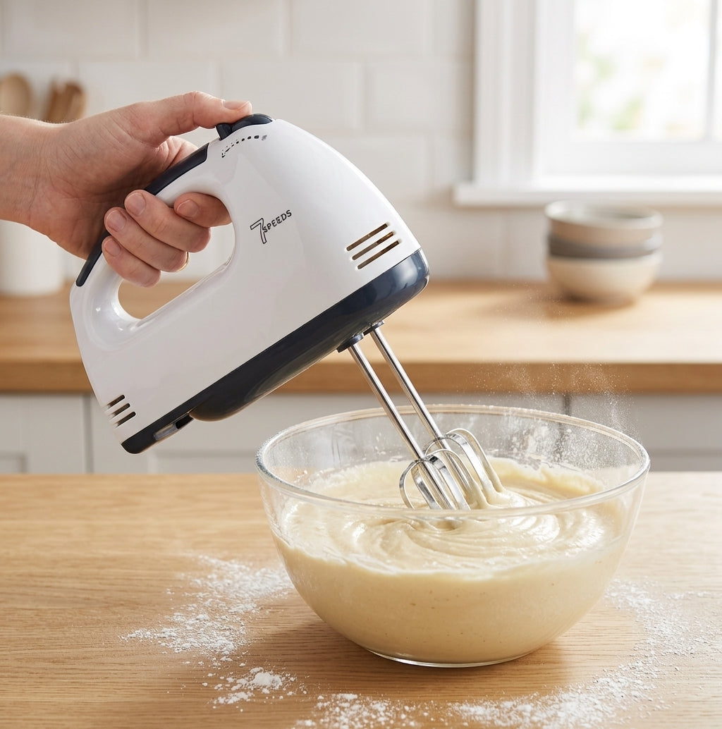 7-Speed Electric Hand Mixer with Stainless Steel Beaters & Dough Hooks (150W–200W)