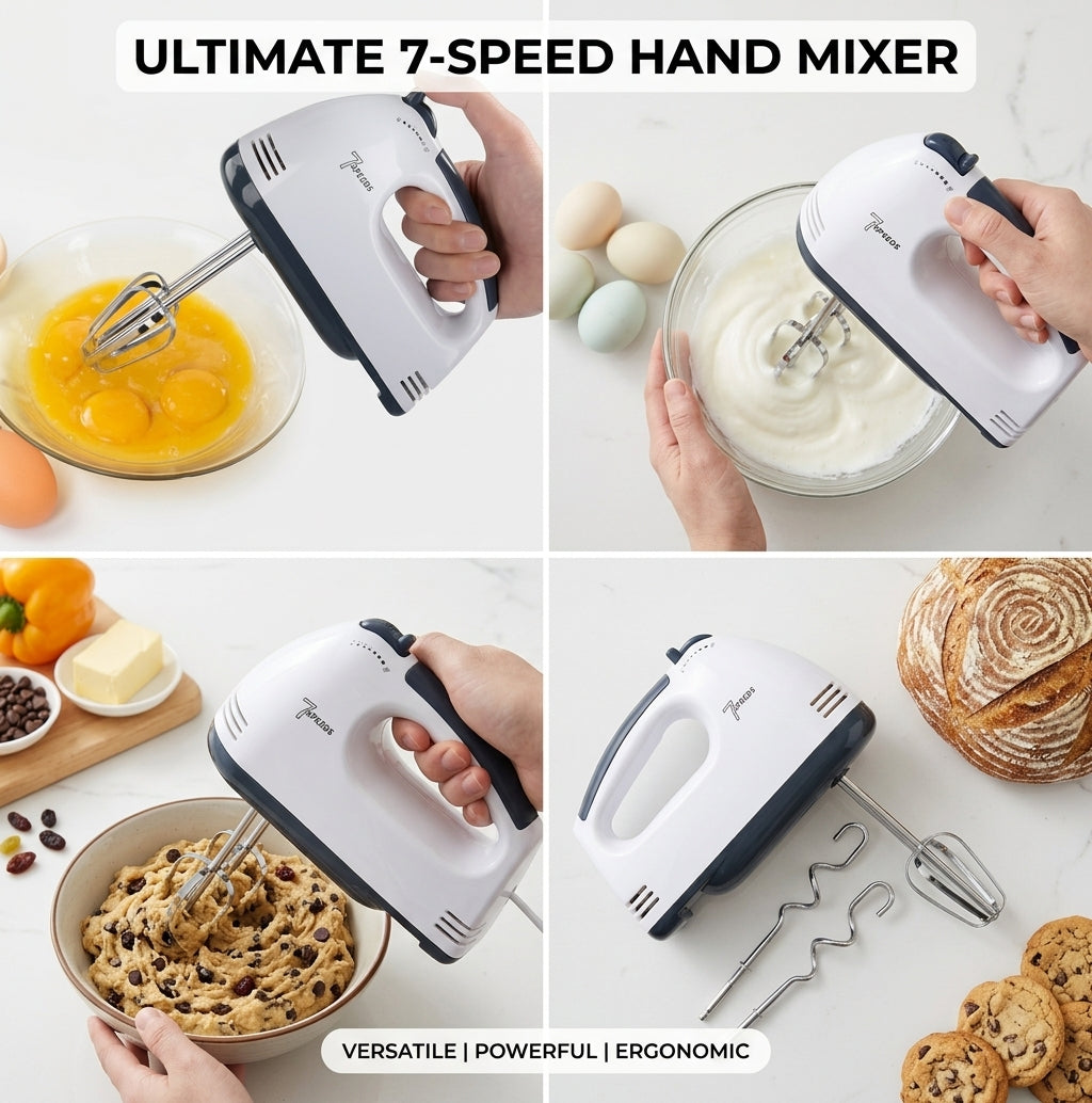7-Speed Electric Hand Mixer with Stainless Steel Beaters & Dough Hooks (150W–200W)