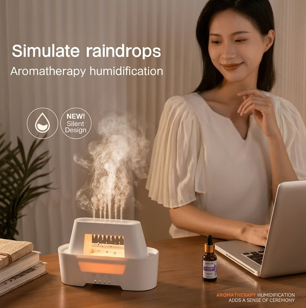 Raindrop Aroma Diffuser & Air Humidifier with Warm Flame LED Light & Remote Control