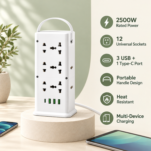 12POWER N87 Vertical Power Strip | 6 AC Sockets + 4 USB Ports